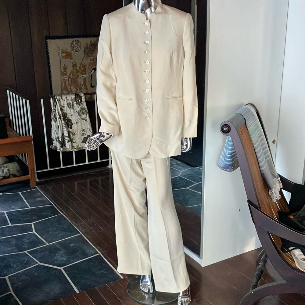 Cream Women's Pantsuit with Button-Front Jacket and Wide-Leg Trousers